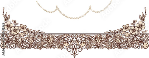 An intricate rose gold filigree tiara with floral details and pearls on a white background