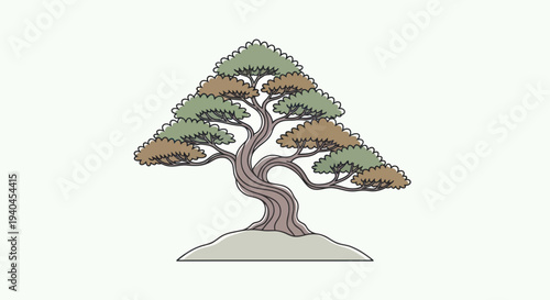 Bonsai Tree Illustration with Twisted Trunk.