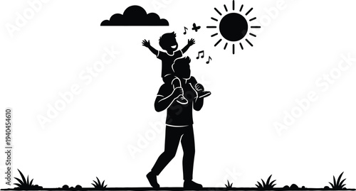 Father Carrying Son on Shoulders in Nature Family Bonding Silhouette