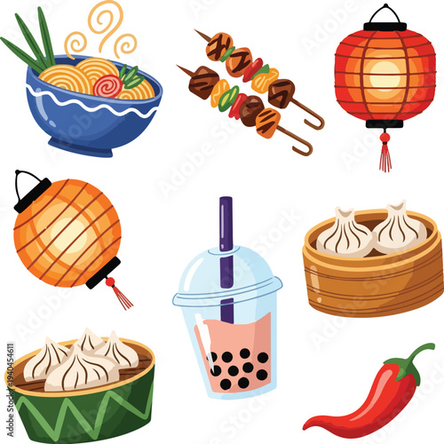 Traditional Asian Street Food and Festival Icons with Dim Sum, Ramen, Boba, and Lanterns for Spring Celebration