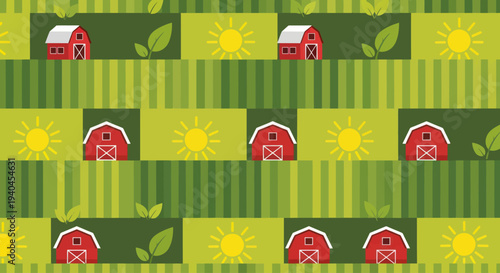 Red Barns and Sunflowers Pattern Design.