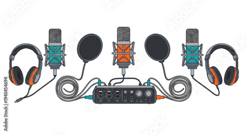 Microphones Headphones Audio Mixer Setup Equipment.