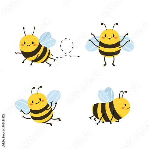 Cute bee character set with different poses. Funny honey bee insect collection. Spring nature pollinator mascots. Flat vector illustration isolated on white background.