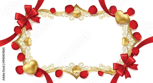 A beautiful golden frame adorned with red ribbons, hearts, and roses on a white background for Valentine's Day or romantic occasions.