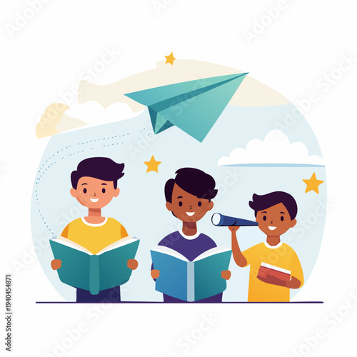 Three Boys Reading Books and Playing.