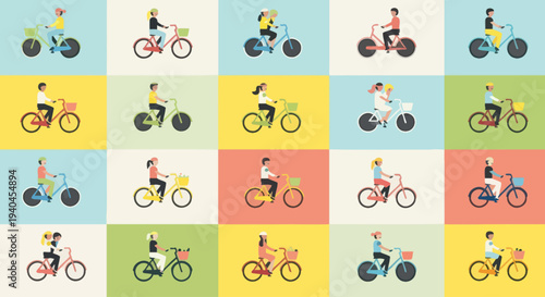 Cyclists Riding Bicycles in Various Colors.
