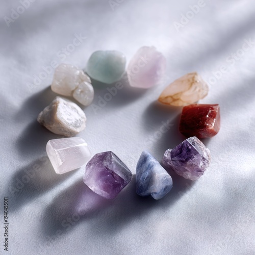 Healing chakra crystals therapy arranged in a circle. Alternative rituals and gemstones for meditation and destress