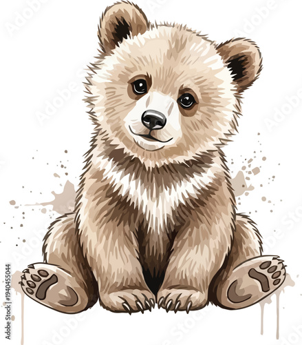 A cute brown bear cub sitting on a white background with a sweet expression