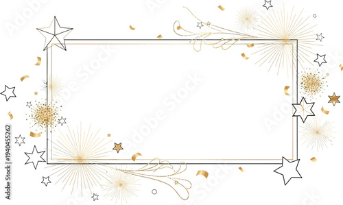 A festive gold and white frame with stars and fireworks on a white background for celebrations and special occasions
