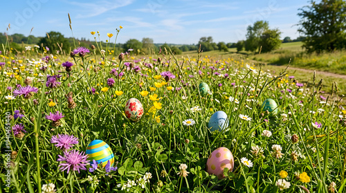 Easter eggs hidden in a spring meadow