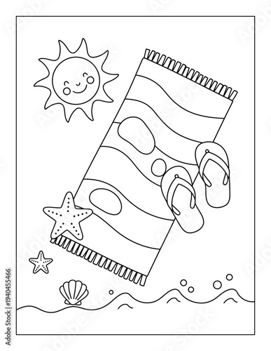 Beach towel with flip flops seashells and smiling sun in playful summer line art