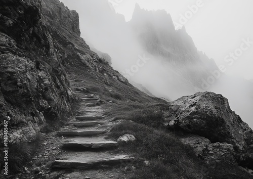 Misty mountain path, stone steps ascend