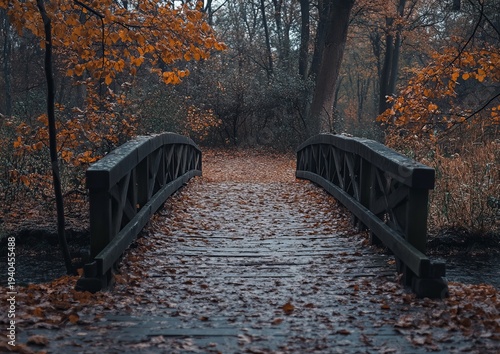 Autumnal wooden bridge through misty forest