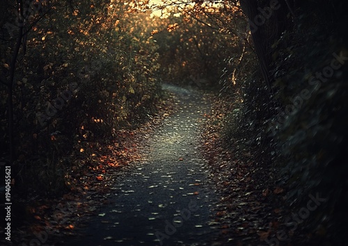 Autumnal path through a dark forest. Sunlight filters through the trees