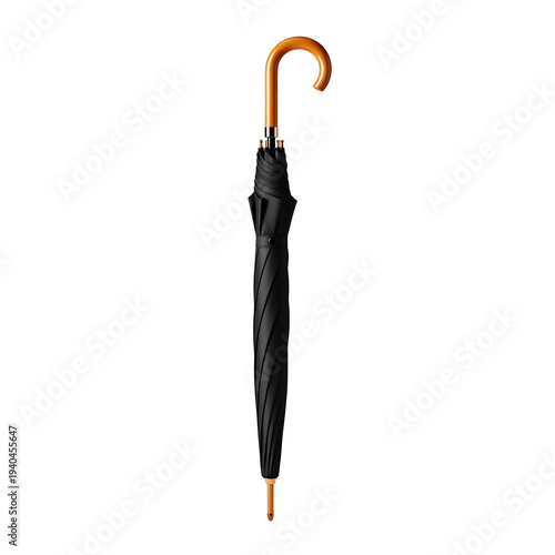 An elegant, closed black umbrella with a wooden handle