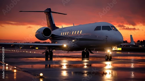 Private jet on runway at sunset. Executive airplane waits near boarding door. Wet surface creates bright reflection on tarmac. Luxury travel arrival suggests evening operation. Warm glow reflects.