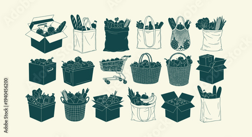 Vector set of grocery shopping bags, boxes and baskets with fresh vegetables and fruit line art.