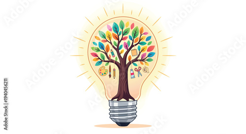 Creative tree growing inside a light bulb with art and craft tools hanging from branches. Concept of inspiration, education, and creative thinking vector illustration.