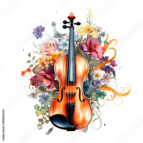 Watercolor Violin Among Flowers, clipart Illustration, Generative Ai