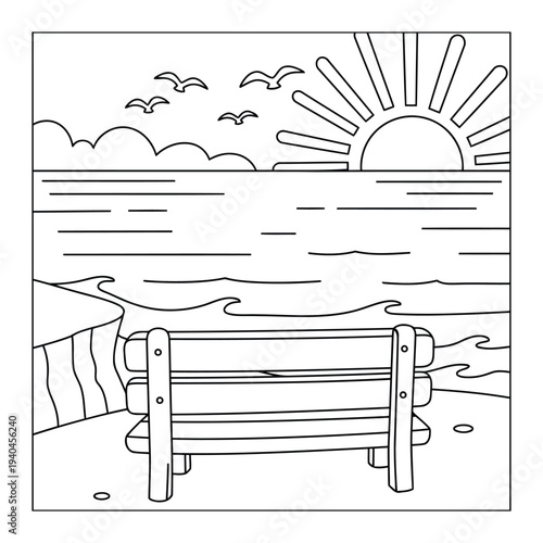 Beach illustration showing wooden bench facing ocean waves and sunrise on coast