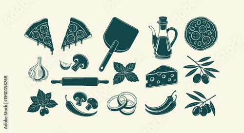 Vintage Hand Drawn Italian Pizza Ingredients and Kitchen Tools Vector Silhouette Icons Collection