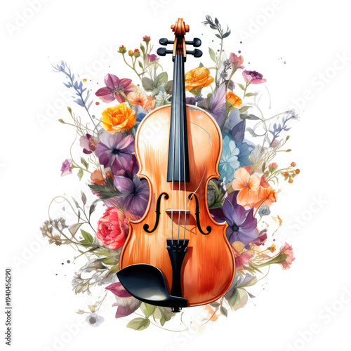 Watercolor Violin Among Flowers, clipart Illustration, Generative Ai