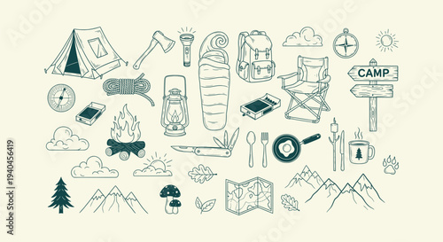 Camping doodle icon set with tent backpack campfire compass map and mountain hiking equipment elements