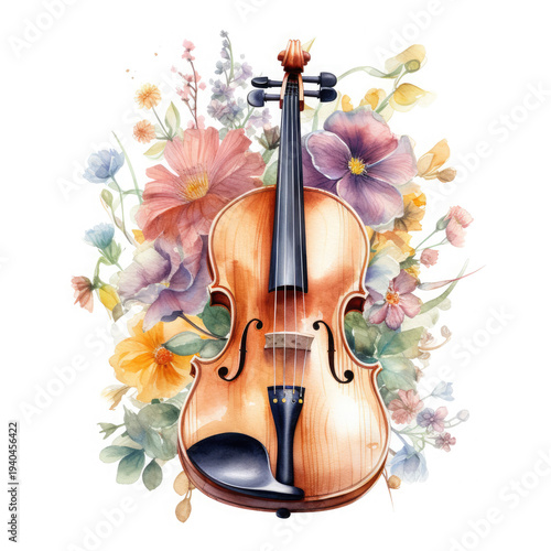 Watercolor Violin Among Flowers, clipart Illustration, Generative Ai