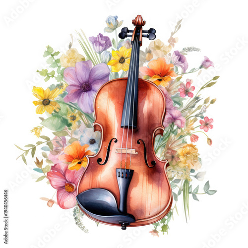 Watercolor Violin Among Flowers, clipart Illustration, Generative Ai