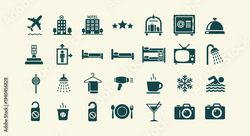 Travel and Hotel Service Icons Set for Vacation Tourism Hospitality Business and Holiday Symbols.