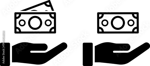 Hands giving and receiving money in simple black icon style
