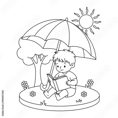 Reading illustration showing child sitting under umbrella enjoying book outdoors