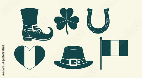 Collection of St. Patricks Day Irish Holiday Icons with Shamrock, Horseshoe, Flag, Heart and Boot