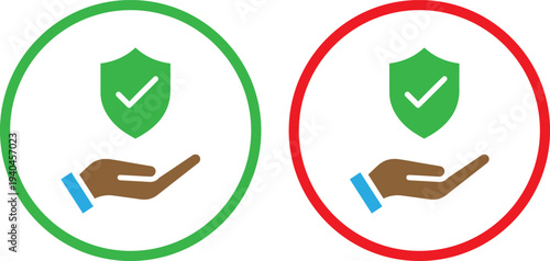 Protected and unprotected security icons with shield and hand