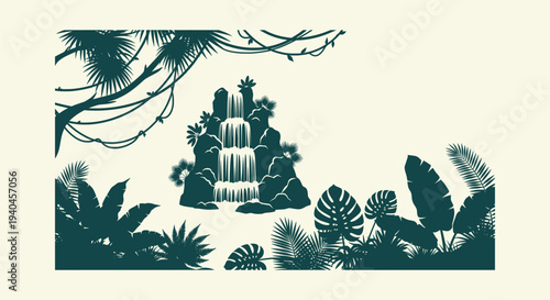 Tropical Jungle Silhouette Illustration Featuring Waterfall, Palm Leaves, Vines and Exotic Foliage