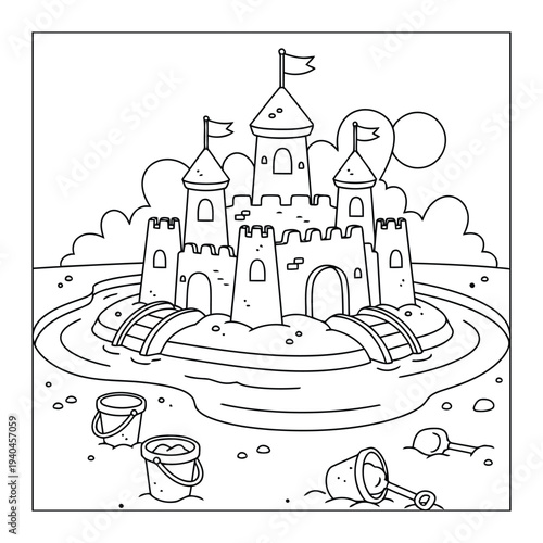 Sandcastle illustration showing large beach castle with towers and bridges