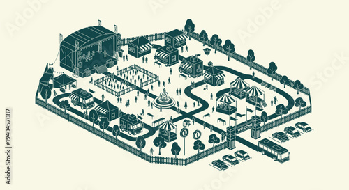 Isometric Outdoor Music Festival Venue with Concert Stage Food Trucks Crowd and Information Map
