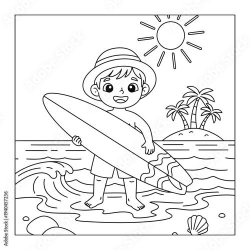 Surfing illustration showing happy child with surfboard standing on sunny beach