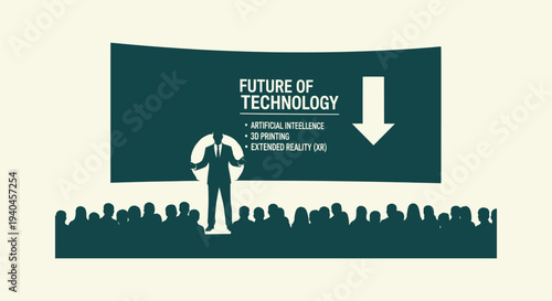 Silhouette Illustration of a Keynote Speaker Presenting the Future of Technology to an Audience.
