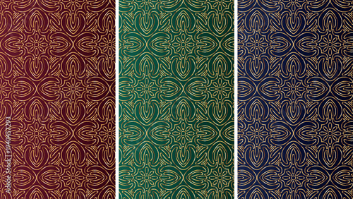 Set of Luxury Gold Linear Seamless Patterns on Burgundy Emerald and Navy Backgrounds
