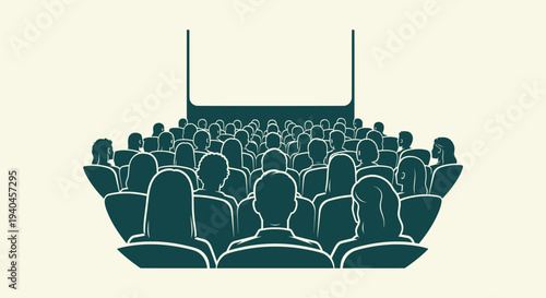 Stylized Illustration of Audience Watching Empty Cinema Screen in Theater Back View Vector Artwork