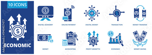 Economic icon icon collection set. Icon pack contain digital economy, online payment, digital money, transaction, money transfer, money, accounting, profit growth, economics,. dual tone vector.