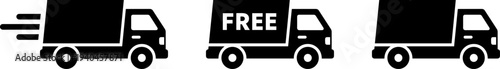 Set of delivery trucks with one offering free shipping