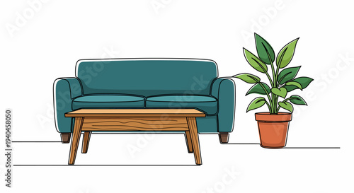 Teal Sofa with Wooden Coffee Table and Potted Plant.