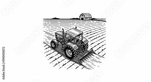 Tractor Working in Agricultural Field Illustration.
