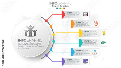 Infograph 6 step color element with circle graphic chart diagram, business graph design.