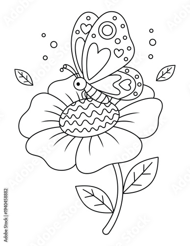 Butterfly on flower with heart wing patterns simple coloring page outline illustration