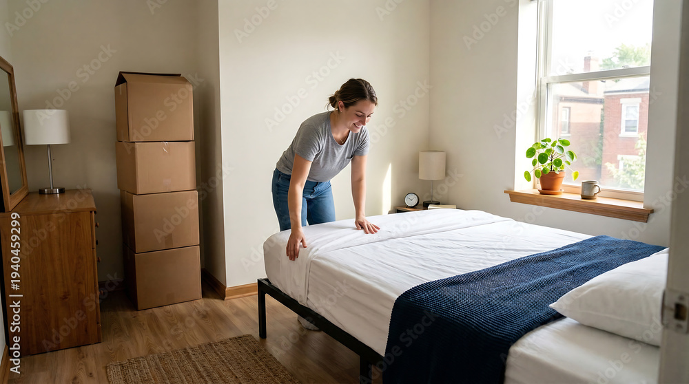 Fototapeta premium Young woman making bed in a modest bedroom with moving boxes in a new apartment and settling into a clean cozy home