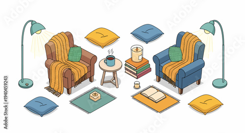 Colorful Armchairs and Furniture Arrangement Illustration.