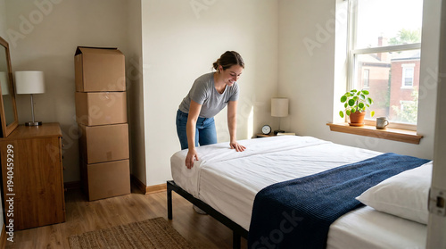 Young woman making bed in a modest bedroom with moving boxes in a new apartment and settling into a clean cozy home